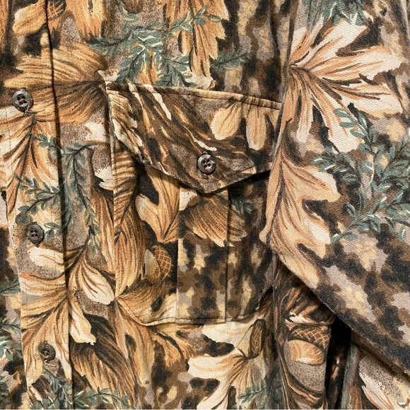 Mens Shirt XL Fall Leaf Print Long Sleeve Brown Camo‎ Cotton Button Front - Picture 6 of 11
